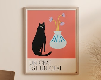 Cat art print poster | black cat wall art | French cat poster | Illustrated cat home decor - coral pink