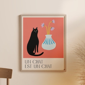 Cat art print poster | black cat wall art | French cat poster | Illustrated cat home decor - coral pink