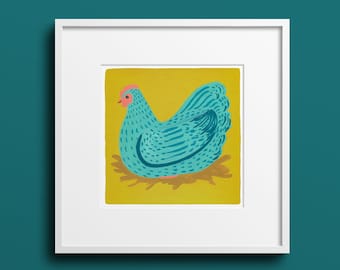 Chicken Art Print "Dolores" | Chicken Painting | Gouache Painting | Hen on Nest Art | Square Art | Kitchen Decor | Farm Gift | Unique Gift