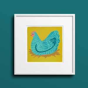 Chicken Art Print "Dolores" | Chicken Painting | Gouache Painting | Hen on Nest Art | Square Art | Kitchen Decor | Farm Gift | Unique Gift