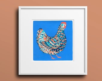 Chicken Art Print "Annie Yolkley" | Chicken Painting | Gouache Painting | Folk Art | Square Art | Kitchen Decor | Farm Gift | Unique Gift