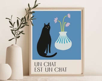 Cat art print poster | black cat wall art | French cat poster | Illustrated cat home decor - blue