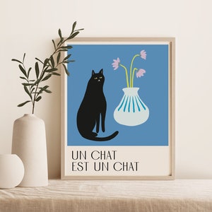 Cat art print poster | black cat wall art | French cat poster | Illustrated cat home decor - blue