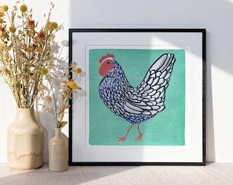 Chicken Art Print "Jeremy" | Chicken Painting | Gouache Painting | Folk Art | Square Art | Kitchen Decor | Farm Gift | Unique Gift