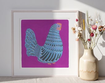 Chicken Art Print "Lil" | Chicken Painting | Gouache Painting | Folk Art | Square Art | Kitchen Decor | Farm Gift | Unique Gift