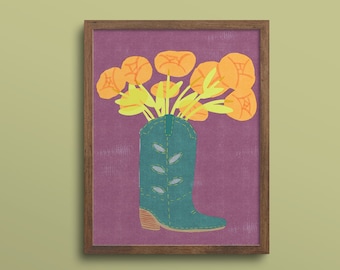 Cowboy Boot Art Print | Cowgirl Art | Colorful Western Art | Cowboy Vase Floral Art