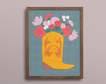 Impresión artística floral de botas de vaquero: decoración colorida del oeste