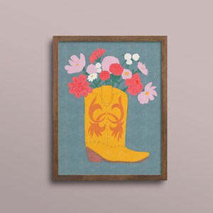 Impresión de arte de bota de vaquero / Arte vaquera / Arte occidental colorido / Arte floral de jarrón de vaquero
