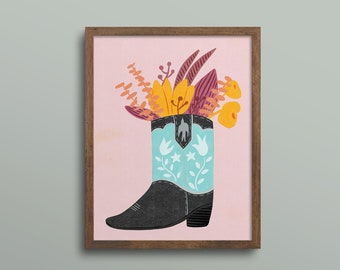 Cowboy Boot Art Print | Cowgirl Art | Colorful Western Art | Cowboy Vase Floral Art