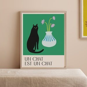 Cat art print poster black cat wall art French cat poster Illustrated cat home decor green image 1