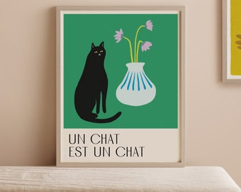Cat art print poster | black cat wall art | French cat poster | Illustrated cat home decor - green