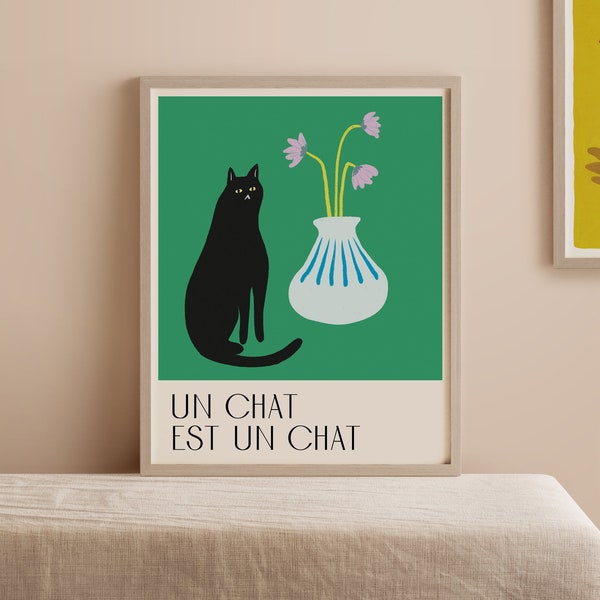 Cat art print poster | black cat wall art | French cat poster | Illustrated cat home decor - green