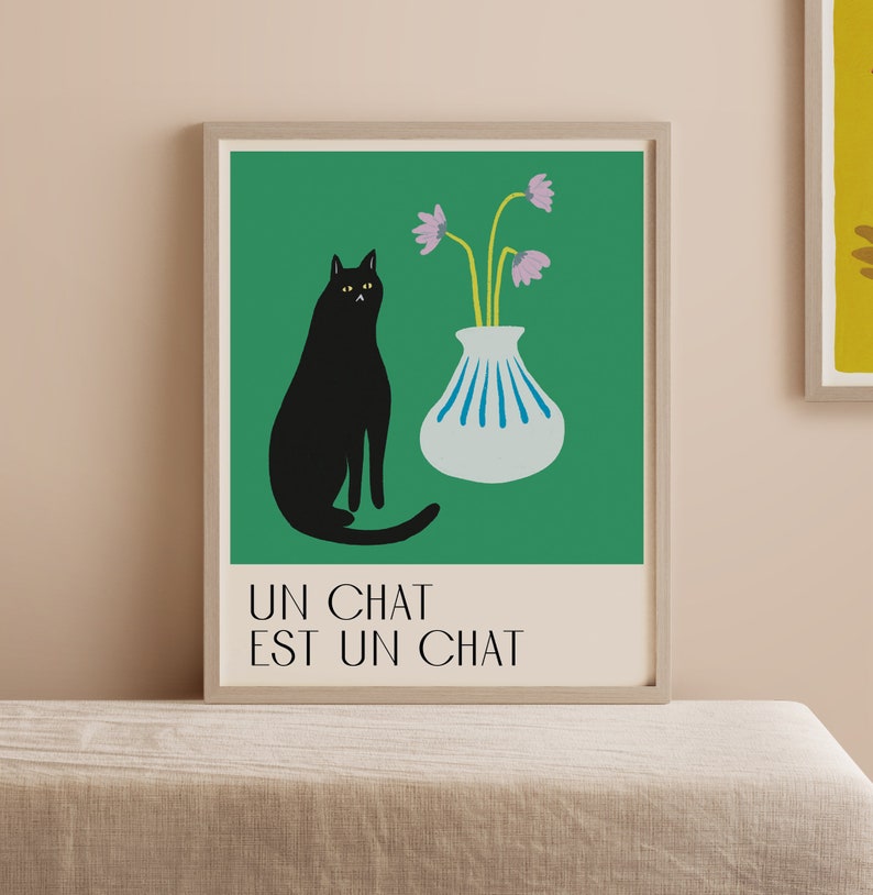 Cat art print poster black cat wall art French cat poster Illustrated cat home decor green image 1