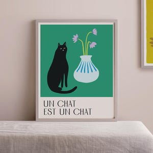 Black Cat Art Print: Mid-Century Modern French Poster, Green
