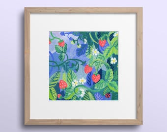 Strawberry Patch Art Print: Gouache Garden Botanical Illustration