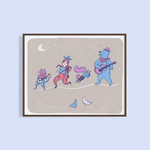 Impression d'art musicale / Illustration de musique ancienne / Dessin vintage rétro / Cadeau pour mélomane / Petite oeuvre d'art murale / Pays de violon et banjo / Animaux
