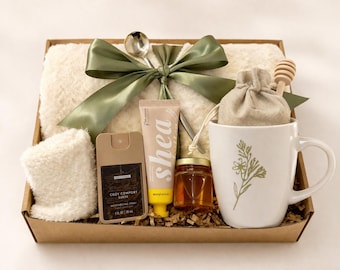 Thinking of You Gift Box for Women, Handmade Sage Ribbon Gift Basket, Personalized Self Care Box, Spa Gifts, Surgery Recovery Comfort Box