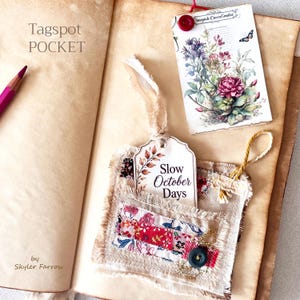 Rustic Farmhouse Journal Pocket tag spot Cluster – Cotton Fabric Collage, Crochet, Lace, Buttons