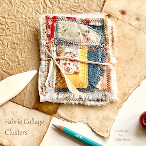 Peut inclure: Un ensemble de clusters de collage de tissu, liés avec un ruban en fibre naturelle. Les clusters présentent divers morceaux de tissu en rouge, jaune, bleu et motifs floraux, avec des bords effilochés. Le texte "Fabric Collage Clusters" est visible.