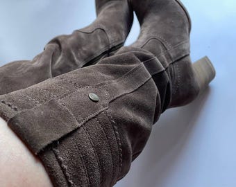 Vintage Classic Suede Knee High Heel Boots, Barbour Taupe, Heeled boots EU Size 37