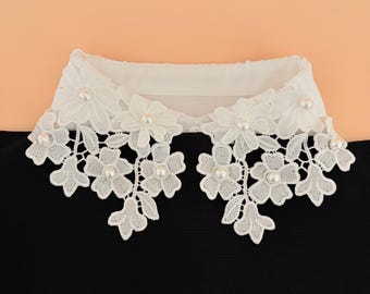 Embroidered Floral Lace Detachable Collar | White Collar Dickey with Pearls | Layering Accessory for Sweaters & Dresses | Gift for Her
