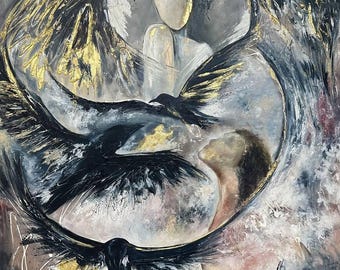 Angel Wall Art – Large Emotional Oil Painting with Birds, Spiritual Abstract Canvas, Surreal Home Decor, Handcrafted Painting Gift Idea