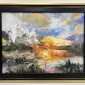 Romantic Sunset Oil Painting on Canvas, Textured Hand-Painted Wall Art for Bedroom or Living Room, Original Artwork Warm Landscape Gift Idea