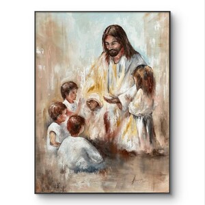Christian Sacred Art Home Decor, Jesus with Children Oil Artwork, Religious Wall Art on Canvas,  Spiritual Art Gift, Original Oil Painting