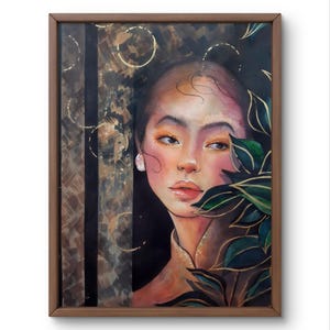 Ritratto di donna al chiaro di luna - Dipinto a tecnica mista su carta, acquerello e acrilico, regalo per amanti dell'arte, opera d'arte decorativa con ritratto di donna