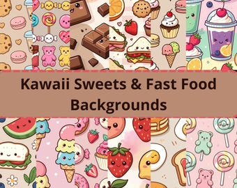 Tła z motywem słodyczy i fast foodów w stylu kawaii | Cyfrowe papiery z uroczymi deserami i śmieciowym jedzeniem | Zestaw pastelowych obrazów PNG kawaii