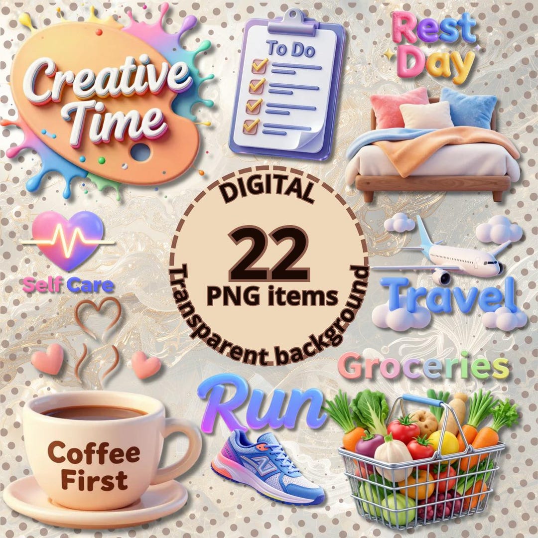 3D Planner Stickers PNG Bundle, Cute Digital Icons for Goodnotes Ipad ...