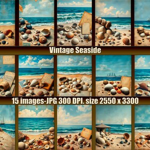 Vintage Seaside Junk Journal Kit – 15 Printable Ocean Backgrounds, Nautical Ephemera Papers, 2550x3300 px, Digital Paper Pack