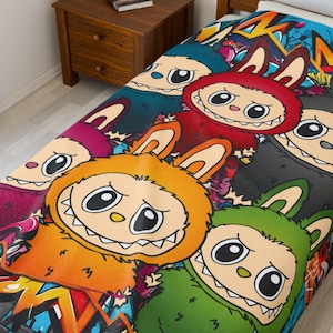 Graffiti Crew Themed Labubu Print Velveteen Plush Blanket, Labubu Blanket, Labubu Kids Blanket, Labubu Toddler, Labubu Gift, Labubu Bedding