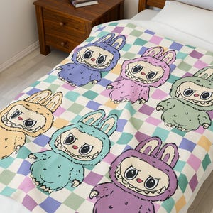 Pink Checkered Labubu Themed Velveteen Plush Blanket, Labubu Blanket, Labubu Gift, Labubu Throw Blanket, Labubu Bedding, Labubu Baby Blanket