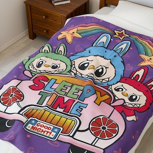 Sleepy Time Labubu Themed Velveteen Plush Blanket, Labubu Blanket, Labubu Gift, Labubu Throw Blanket, Labubu Bedding, Labubu Nursery Blanket