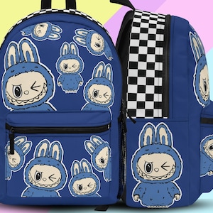 Labubu Inspired Blue Backpack, Labubu Checkered Bag, Holds Laptops, Labubu Gift, Labubu Bag, Back to School Backpack, Labubu for Boys