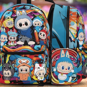 Light Blue Graffiti Themed Labubu Backpack, Labubu Backpack for Boys, Labubu Gift, Labubu for Boys, Back to School Backpack, Labubu Backpack
