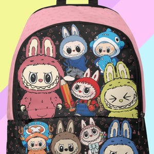 Sac à dos rose inspiré Labubu, sac sur le thème Labubu, cadeau Labubu, sac Labubu, sac à dos pour la rentrée des classes, cartable Labubu, sac à dos rose, Labubu