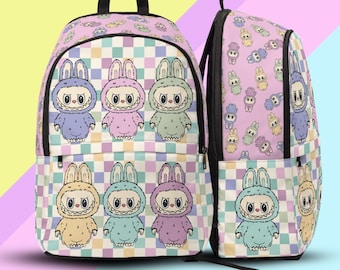 Pink Checkered Labubu Themed Backpack, Labubu School, Labubu Bag, Labubu School Bag, Labubu Backpack, Labubu Gift, Back to School Backpack