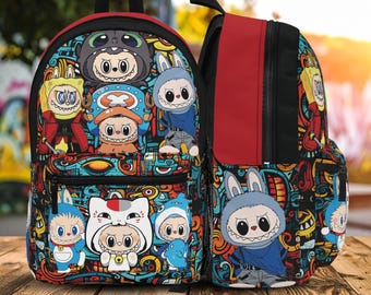 Red Graffiti Themed Labubu and Friends Backpack, Holds Laptops, Labubu Gift, Labubu for Boys, Back to School Backpack, Labubu Backpack
