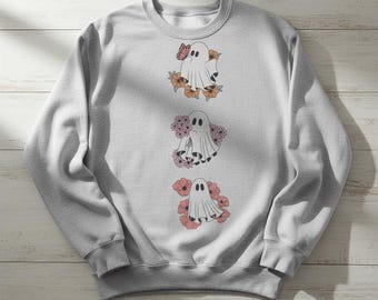 Floral Ghost Coffee PNG – Spooky Cat & Coffee Lover Design – Halloween Digital Art