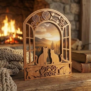 May include: Wooden cat-themed picture frame with a window design. The frame features silhouettes of two cats, yarn balls, fish bones, and paw prints. The frame is set against a backdrop of a sunset over mountains and trees.
