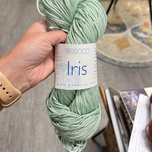 Op de afbeelding: Een streng licht saliegroen garen met een wit papieren label met de merknaam Berroco en de productnaam Iris in blauwe tekst. Het label bevat technische brei-informatie en het websiteadres www.berroco.com duidelijk afgedrukt.