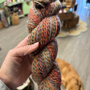 May include: A skein of colorful yarn with shades of orange, green, black, and red. The yarn is twisted into a rope shape and is being held by a hand.