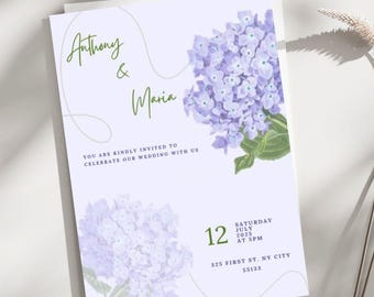 May include: Wedding invitation with a floral design featuring purple hydrangeas. The invitation reads "Anthony & Maria" and includes the date, time, and location of the wedding.