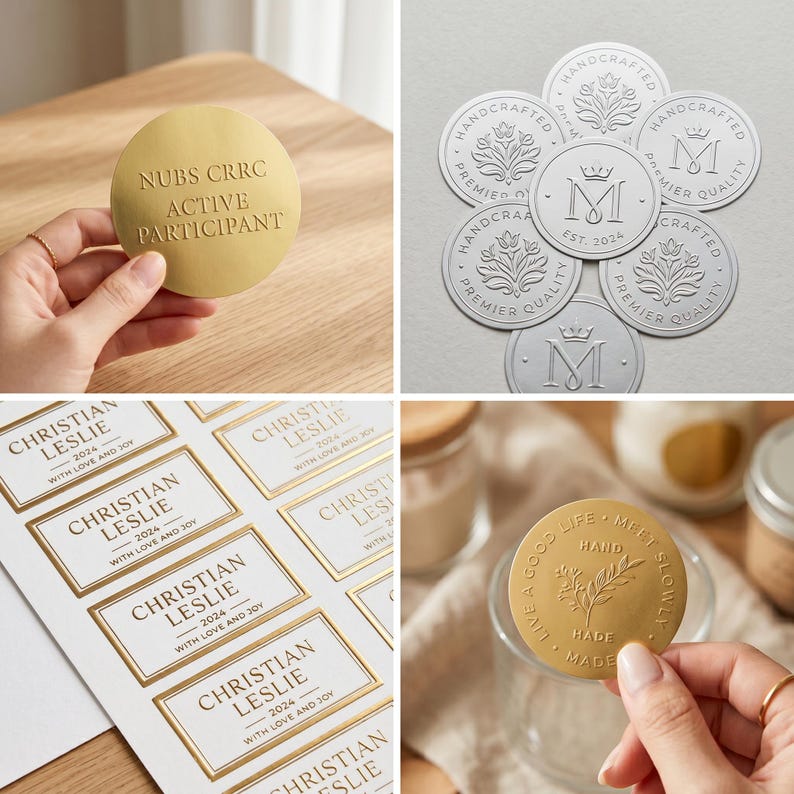 Może przedstawiać: Kolekcja niestandardowych etykiet samoprzylepnych, w tym złote okrągłe naklejki z napisem NUBS CRRC ACTIVE PARTICIPANT oraz LIVE A GOOD LIFE MEET SLOWLY HAND MADE, srebrne tłoczone okrągłe pieczęcie oraz prostokątne białe etykiety ze złotymi obw&oacute;dkami.