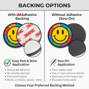 Puede incluir: Una tabla comparativa titulada BACKING OPTIONS que muestra dos parches circulares con una cara sonriente amarilla y borde arco&iacute;ris. La izquierda muestra un adhesivo 3M, la derecha muestra una parte posterior de goma lisa para coser.