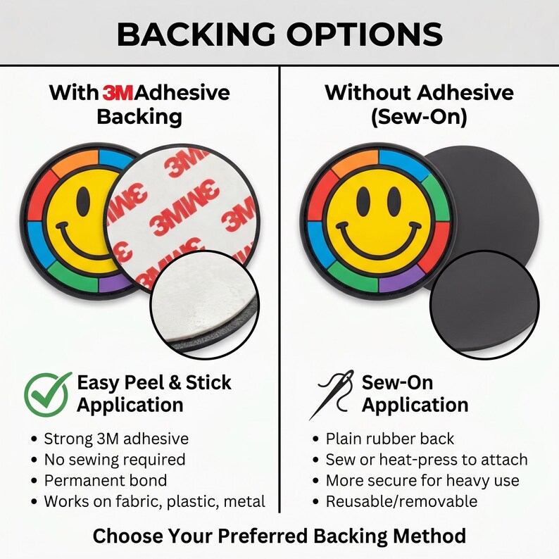 Puede incluir: Una tabla comparativa titulada BACKING OPTIONS que muestra dos parches circulares con una cara sonriente amarilla y borde arco&iacute;ris. La izquierda muestra un adhesivo 3M, la derecha muestra una parte posterior de goma lisa para coser.