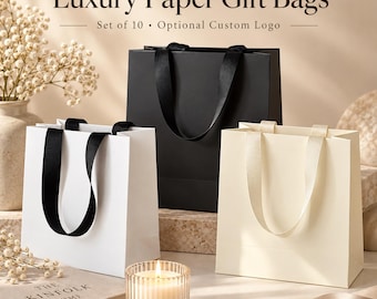 Set of 10 Luxury Paper Gift Bags, Custom Logo Shopping Bags with Ribbon Handles for Boutique, Jewelry, Candles & Small Business