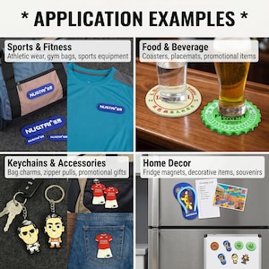 Puede incluir: Un collage de ejemplos de aplicaci&oacute;n para parches de goma personalizados y accesorios. La imagen muestra equipo deportivo, posavasos, llaveros e imanes de nevera, exhibiendo varios usos para art&iacute;culos de marca en ropa y decoraci&oacute;n del hogar.